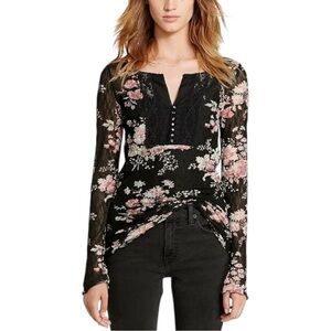 Ralph Lauren‎ Denim & Supply Floral Print Mesh Sheer Lace Crochet Bib Henley MED